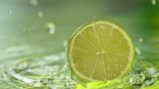 Super Slow Motion Shot of Fresh Lime Falling into Water and Making Splash at 1000fps.