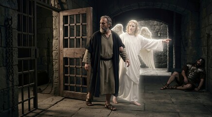 Obraz premium Glowing winged angel guiding older bearded man out of dark stone prison. Sleeping Roman guard and open cell door in background
