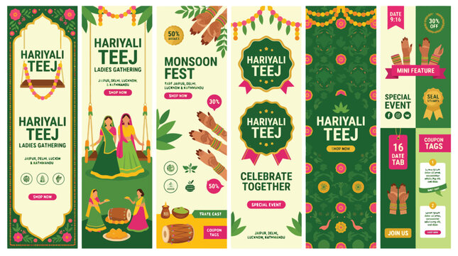 Hariyali Teej festival vertical banner set, Indian monsoon fest social media templates, traditional ladies gathering celebration posters with henna and swings