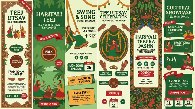 Teej Utsav festival banner set, Haritali Teej celebration vertical posters, traditional Indian monsoon festival event flyers with folk dance and swing