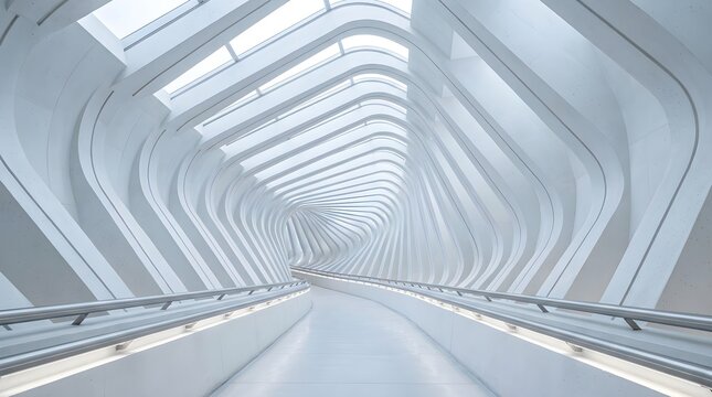 Abstract organic white walkway with flowing curved walls and natural light from above, representing future transportation or museum design