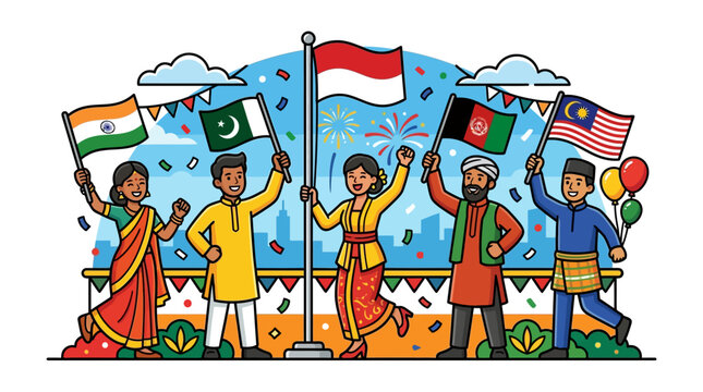 diverse people celebrating with flags of india pakistan indonesia afghanistan and malaysia