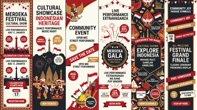 Indonesian Independence Day Merdeka Festival Banners, Cultural Heritage Event Vertical Posters with Traditional Icons, Red and White Celebration Vector Set