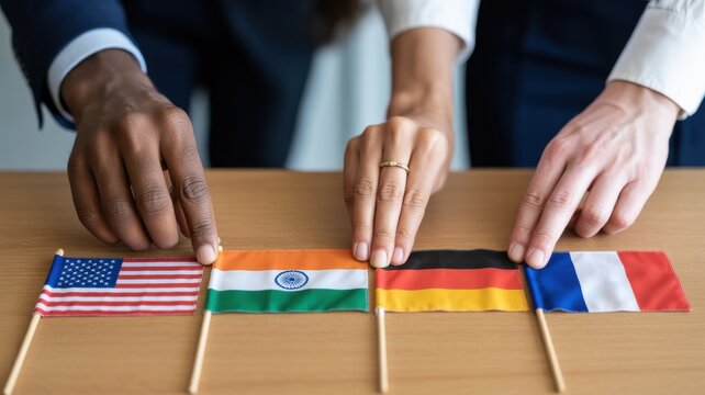 Business Professionals Pointing at International Flags of USA India Germany and France Representing Strategic Global Partnerships