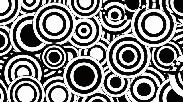 Abstract pattern of overlapping black and white concentric circles.