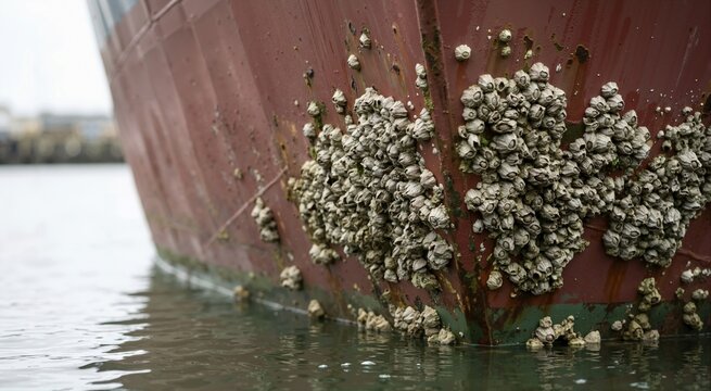 Dense cluster of barnacles growing on the red painted steel hull of a ship. Close up of marine biofouling on a vessel at the waterline