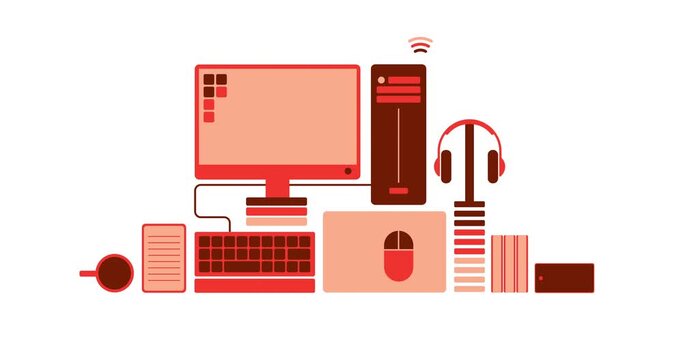 Modern Desktop Workspace With Computer, Keyboard, Mouse and Headphones in Minimal Flat Style