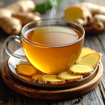 Steaming cup of fresh ginger tea with sliced ginger root on wooden table