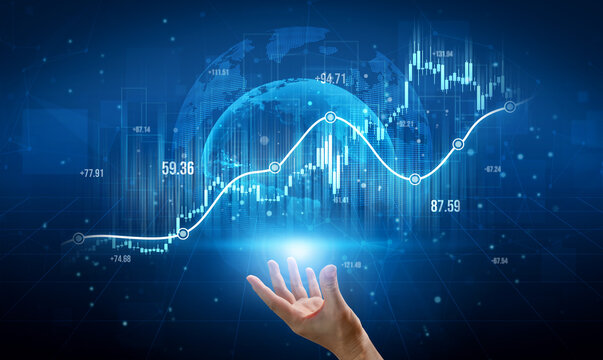 This futuristic image illustrates financial data visualization featuring dynamic graphs and a global map, symbolizing market trends and investment opportunities. Scalp