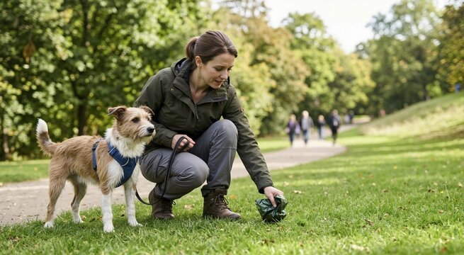 Woman picking up dog waste with a green plastic bag in a park. Responsible pet owner cleaning up after her terrier mix dog on the grass