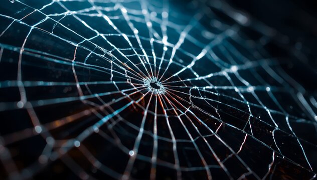 Close-up of Shattered Glass Screen with Radial Cracks and Blue Light