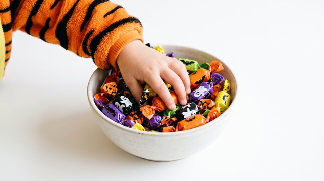 Childs hand reaching into bowl of Halloween candy