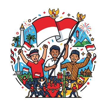 indonesian independence day national celebration with garuda pancasila monas happy people and traditional games.