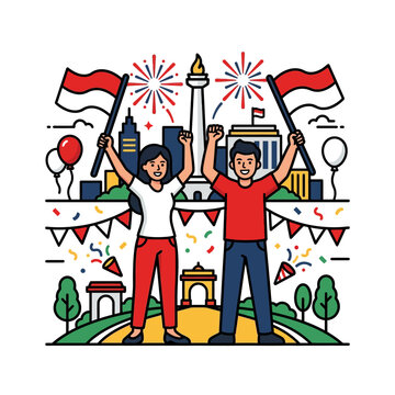 indonesian people celebrating independence day in jakarta holding flags with monas and fireworks in a festive urban park scene
