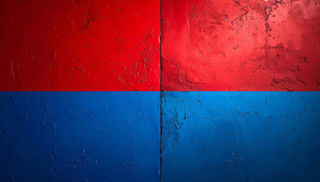 A minimalist abstract background divided horizontally, featuring a heavily textured red painted stucco wall on the upper half and a matching textured blue painted surface on the lower half.