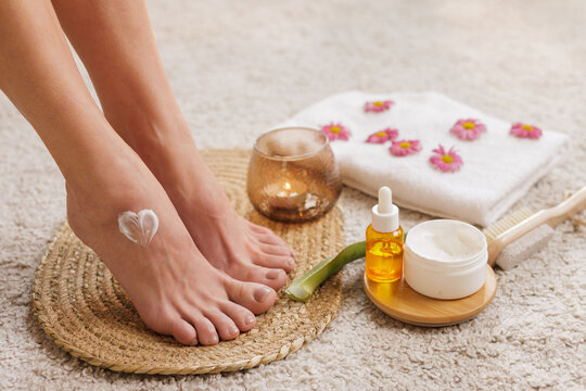 Foot Care Routine With Moisturizing Cream And Natural Spa Products