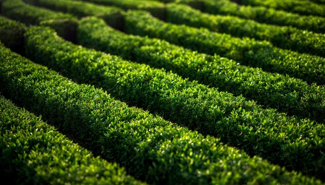 Lush Green Rows of Tea Plantation Bathed in Golden Sunlight