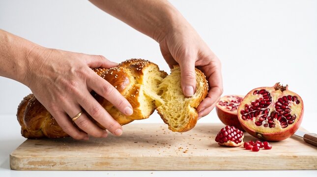 Hands tearing apart a golden challah bread with sesame seeds next to pomegranates