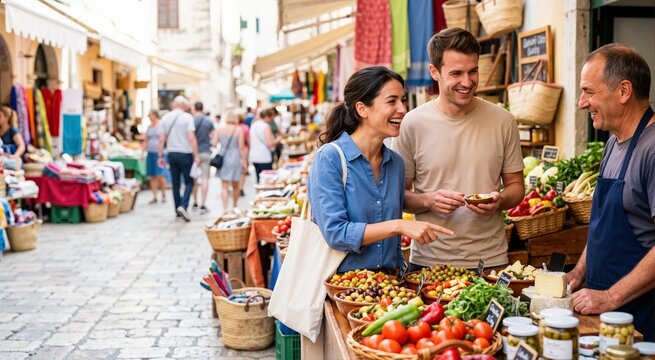 Happy couple tasting food at an outdoor market stall. Smiling man and woman interacting with a vendor selling fresh olives and vegetables