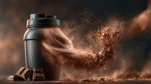 Chocolate Protein Powder Explosion with Black Supplement Container Mockup