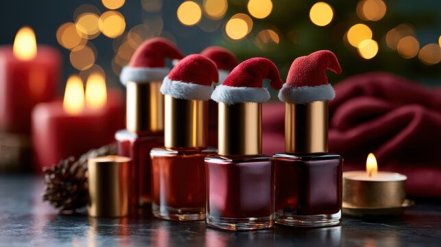 Christmas Nail Polish Collection with Santa Hats and Festive Holiday Decor