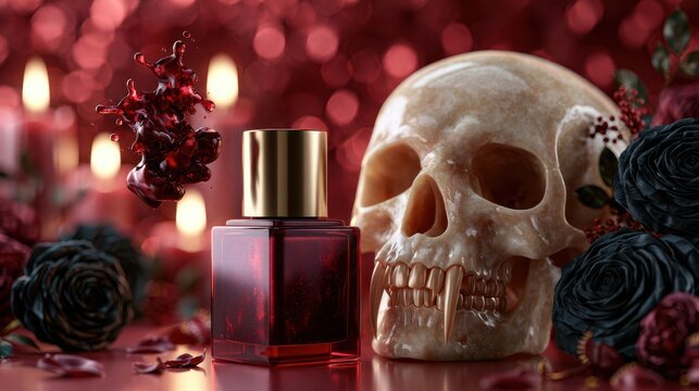 Gothic Perfume Mockup Bottle with Skull and Dark Floral Halloween Decor