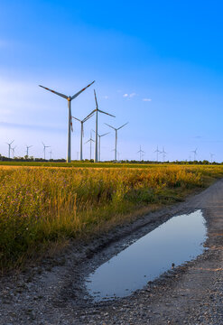 Wind turbines in field at sunset. Wind turbines spin in a field as sky colors change at sunset.
