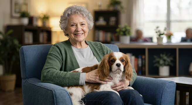 Smiling elderly woman holding a Cavalier King Charles Spaniel on her lap. Senior citizen sitting in an armchair with a therapy dog. Animal companionship in assisted living