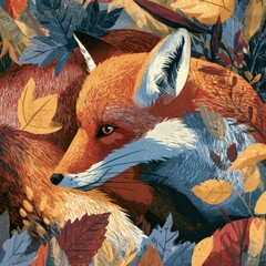 Fototapeta premium A fox lies quietly in a bed of colorful autumn leaves with a textured background and unique brush details, creating a lively scene.
