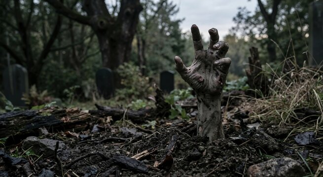 Zombie hand reaching out of the ground in a cemetery. Halloween horror and undead concept. Spooky graveyard background