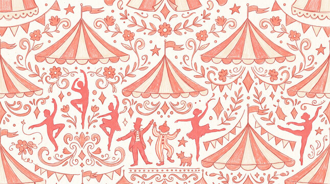 Circus Tent Ballerina Clown Seamless Pattern Hand Drawn Illustration