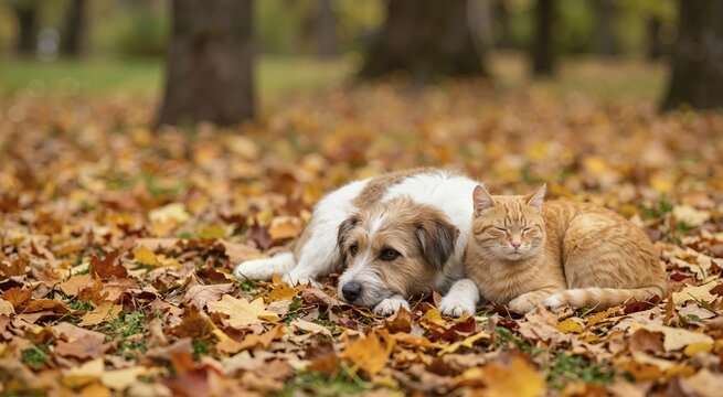 Dog and cat lying together in fallen autumn leaves. Cute pets resting side by side in a park during fall season