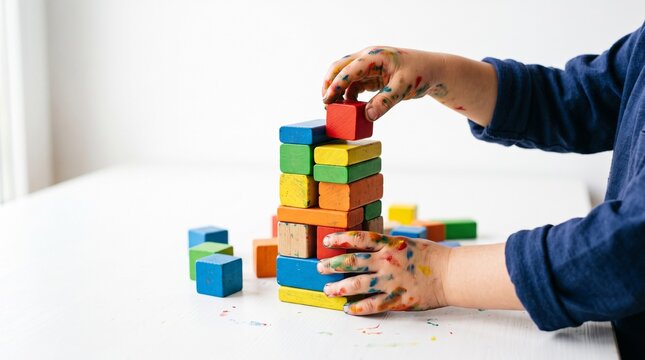 Childs hands covered in paint stacking colorful wooden blocks on a white table