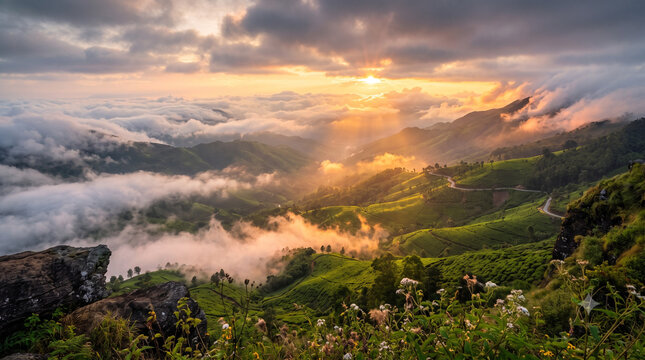 Panoramic Top Station viewpoint overlooking mist-covered valleys, rolling mountains and endless Western Ghats scenery in Munnar Kerala India