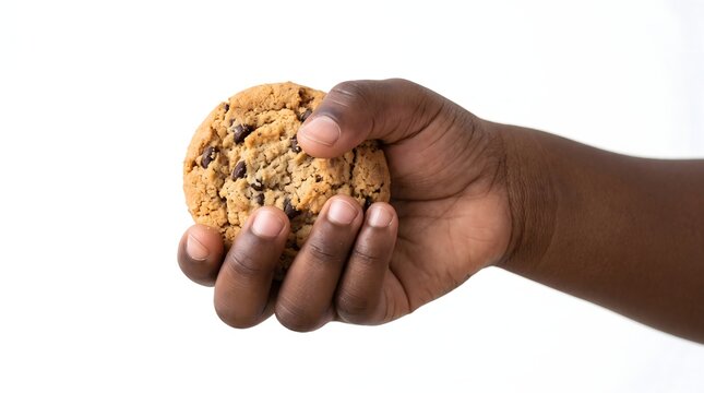 Dark-skinned hand holding a round chocolate chip cookie isolated on a white background with cookie jar snack time chocolate isolated