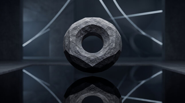 Floating futuristic geometric stone torus with abstract engravings in a dark minimalist sci-fi laboratory