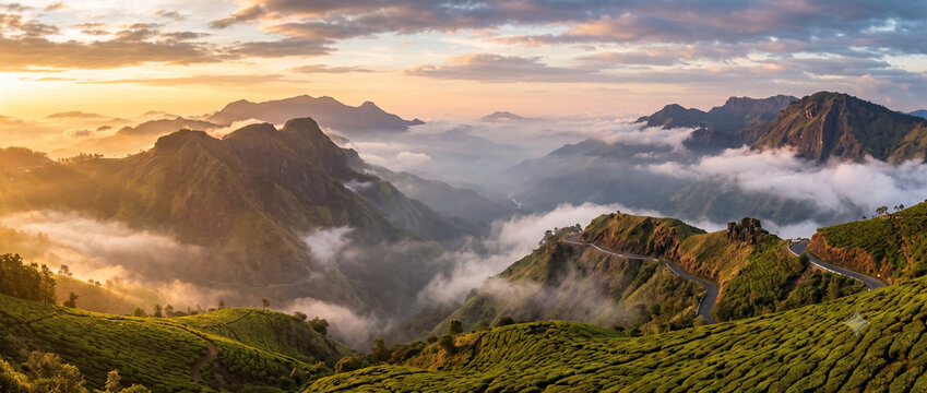 Dramatic Lockhart Gap featuring deep misty valleys, rolling mountain ranges and breathtaking Western Ghats scenery in Munnar Kerala India