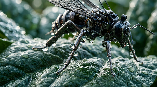 Robotic Bee On Spinach Leaf for Modern Commercial Marketing Background and Digital Creative