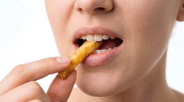 Close up of person eating a crispy breaded snack stick isolated on white background with appetizer appetite nutrition lifestyle culinary