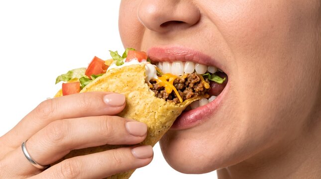 Woman taking a bite of a crunchy beef taco with fresh vegetables and cheese tortilla delicious appetite snacking nutrition culinary