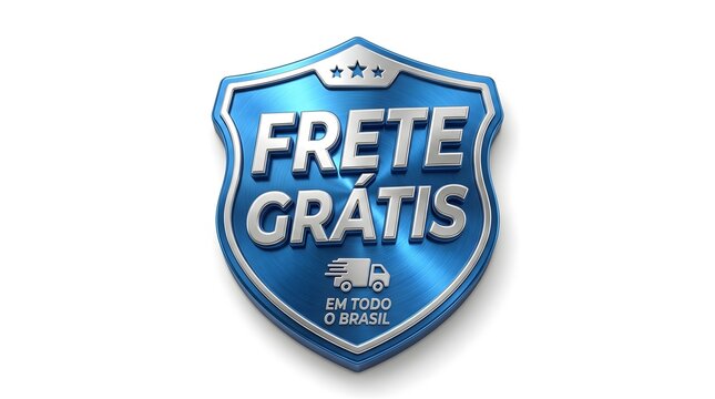 3D metallic shield badge with free shipping text in portuguese for e-commerce delivery shipping ecommerce business logistics promotion