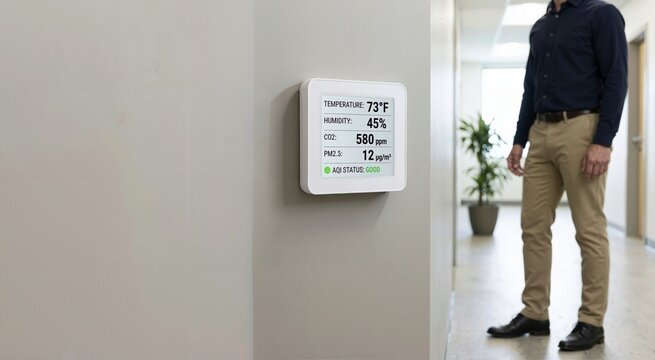 Digital indoor air quality monitor displaying good AQI status on an office wall. HVAC sensor showing temperature humidity and CO2 readings