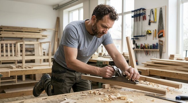 Man building furniture with hand tools in a woodworking workshop. Skilled carpenter working on a project