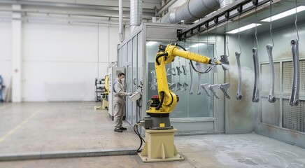 Fototapeta premium Yellow industrial robot arm spray coating metal parts on a conveyor line. Male operator in protective gear monitoring automated painting process in a factory. Modern manufacturing technology