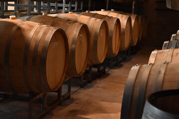 Barriles de vino de madera en bodega © Carolina