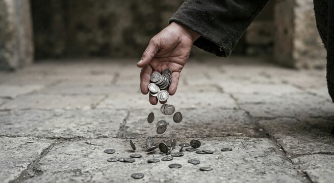 Close up of hand dropping thirty silver coins onto stone floor. Historical biblical concept of betrayal and payment. Scattered money on ancient pavement