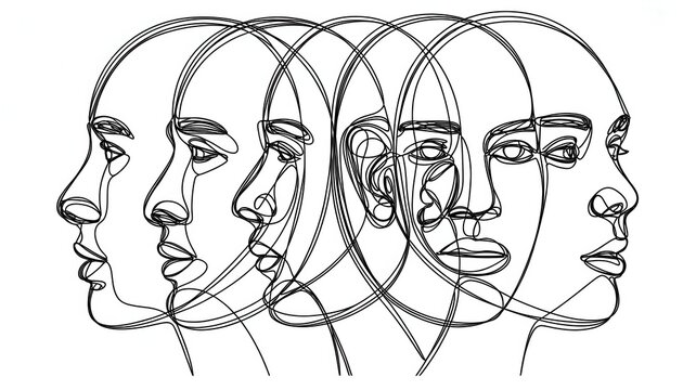 Abstract continuous line drawing of multiple overlapping faces, showing different perspectives, isolated on white background.