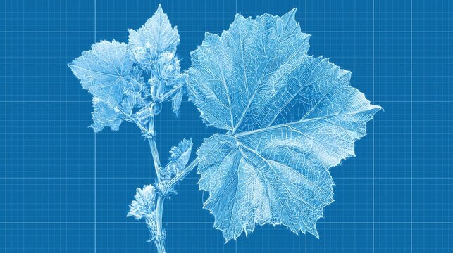 A detailed leaf design is displayed in blueprint style on a blue grid. This setup allows for room to add additional information or text.