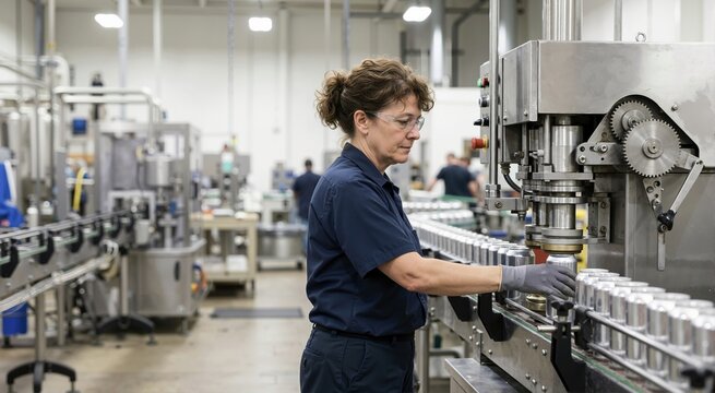 Female factory worker operating an aluminum can seaming machine. Woman in safety glasses and uniform guiding cans on a conveyor belt in an industrial manufacturing plant