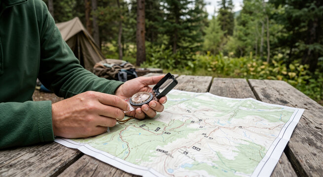Hands holding a compass over a topographical map on a wooden table. Person planning a route for outdoor camping and hiking trips in the forest